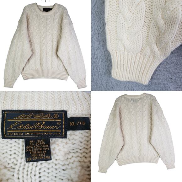 Vintage Eddie Bauer Cable Knit Wool Sweater Men's XL Irish Fisherman Chunky